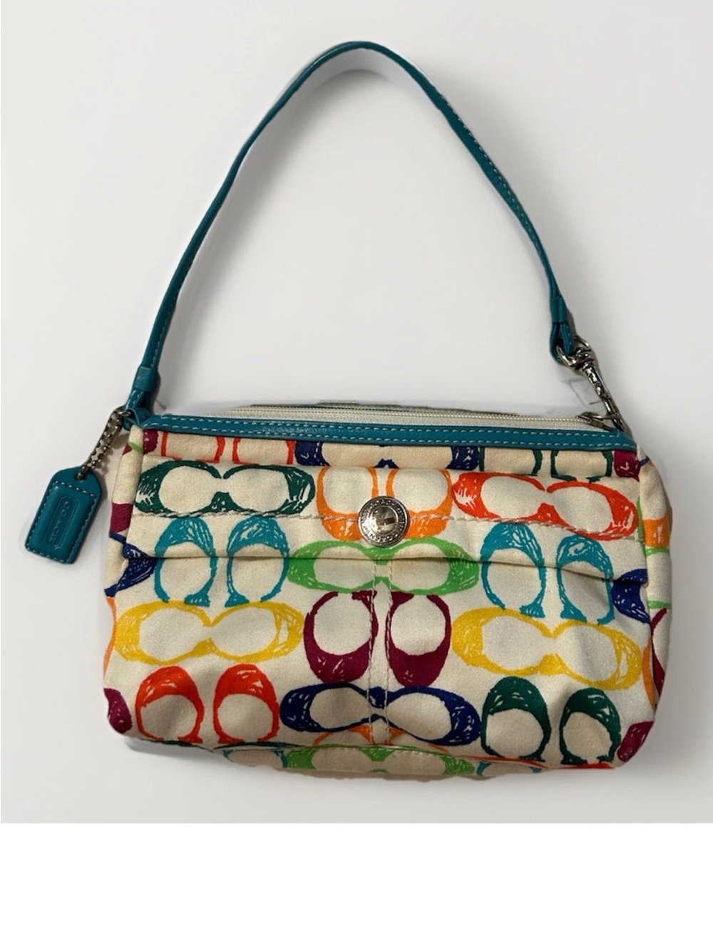 Coach Poppy Scribble Multicolored Wristlet/Clutch,Soft Canvas,Aqua Leather  Trim